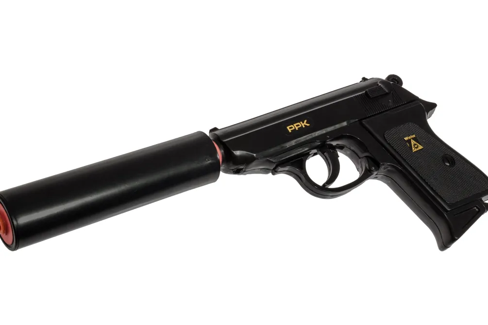 Rodes James Bond Pistol inkl lyddæmper – Til knaldkrudt New