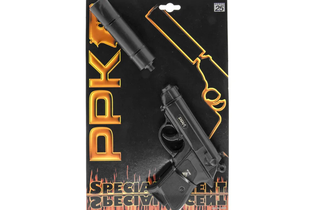 Rodes James Bond Pistol inkl lyddæmper – Til knaldkrudt New