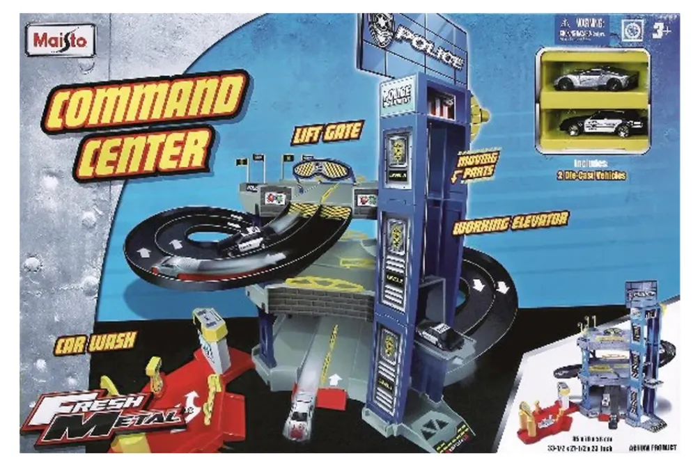 Rodes Police Commando Center Playset / 3 etagers Parkeringshus – inkl. 2 metalbiler New