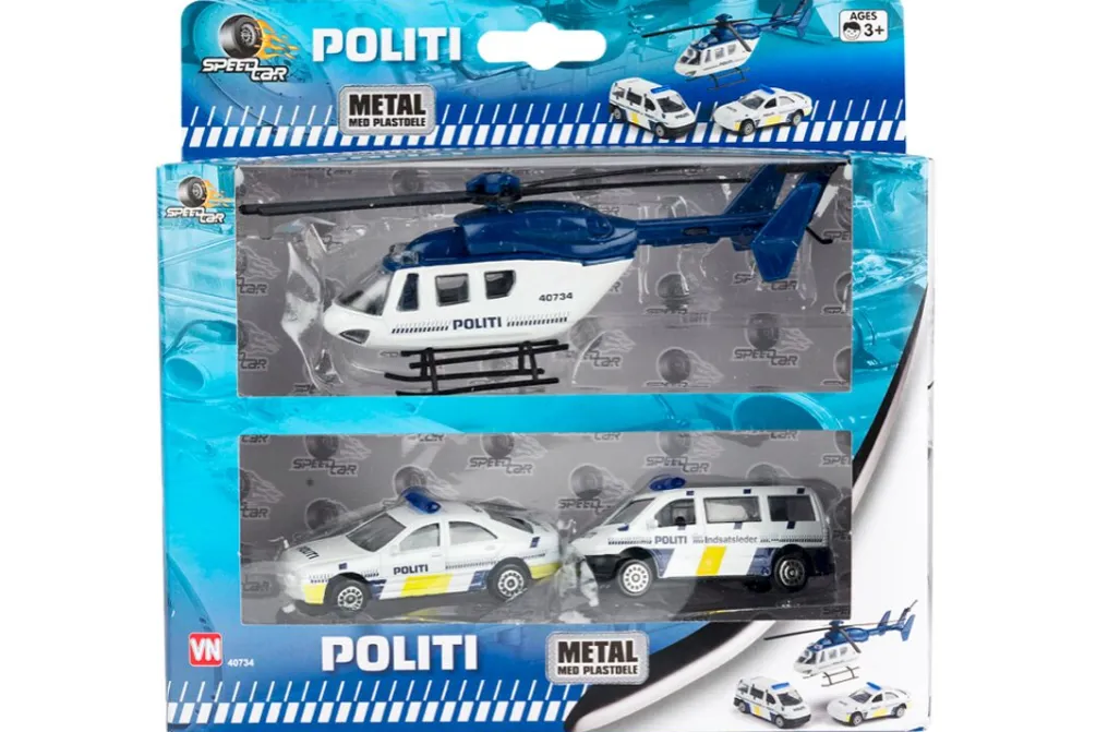 Rodes Speedcar sæt – Politi helikopter og 2 Politi Biler Fashion